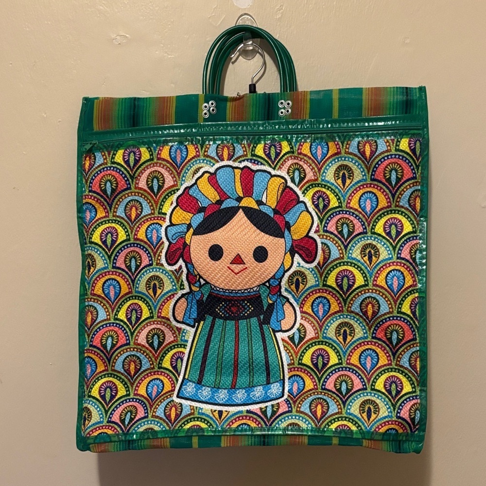 Green Folk Doll Print Tote Bag for Women